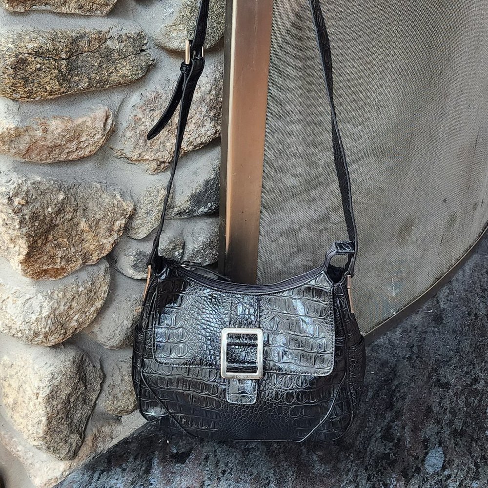 Liz & Co. Black Faux Patent Leather Alligator Embossed Shoulder Bag